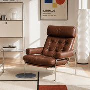 Mid-Century Brown Faux Leather Tufted Lounge Chair with Chrome Frame